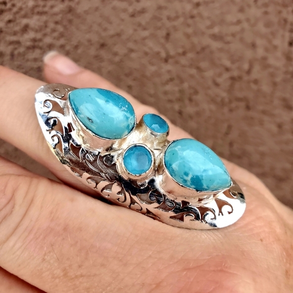 New Mosaic Jasper and Chalcedony 925 Silver Statement Ring. - Picture 4 of 13